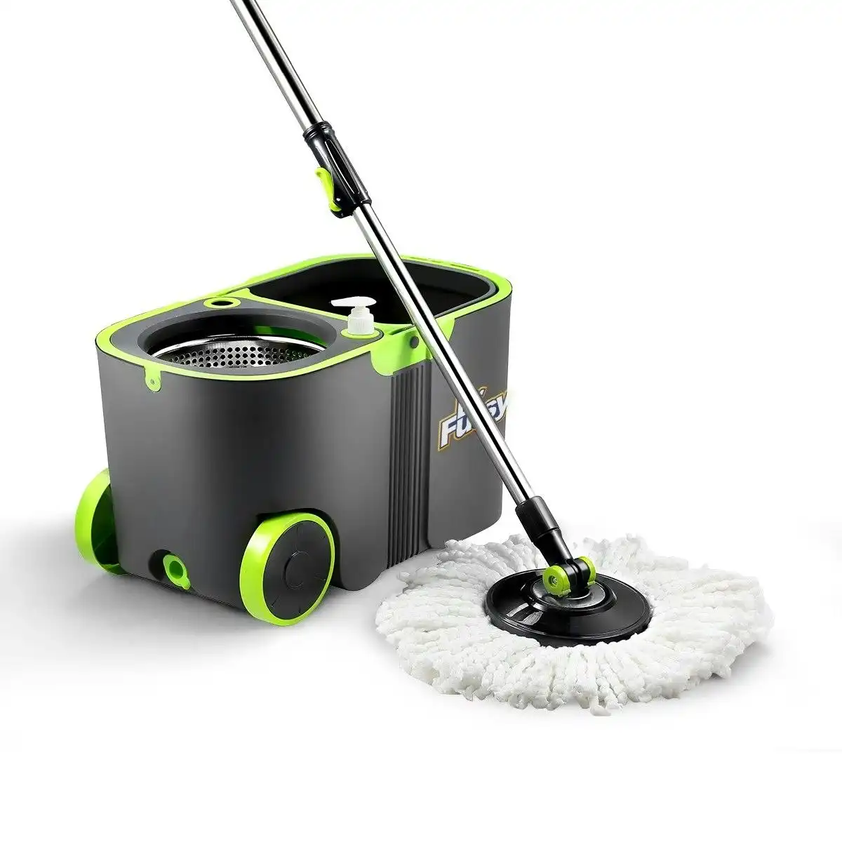 Dr FUSSY 360 Degree Spin Floor Mop Bucket System with 4 Extra Microfiber Heads