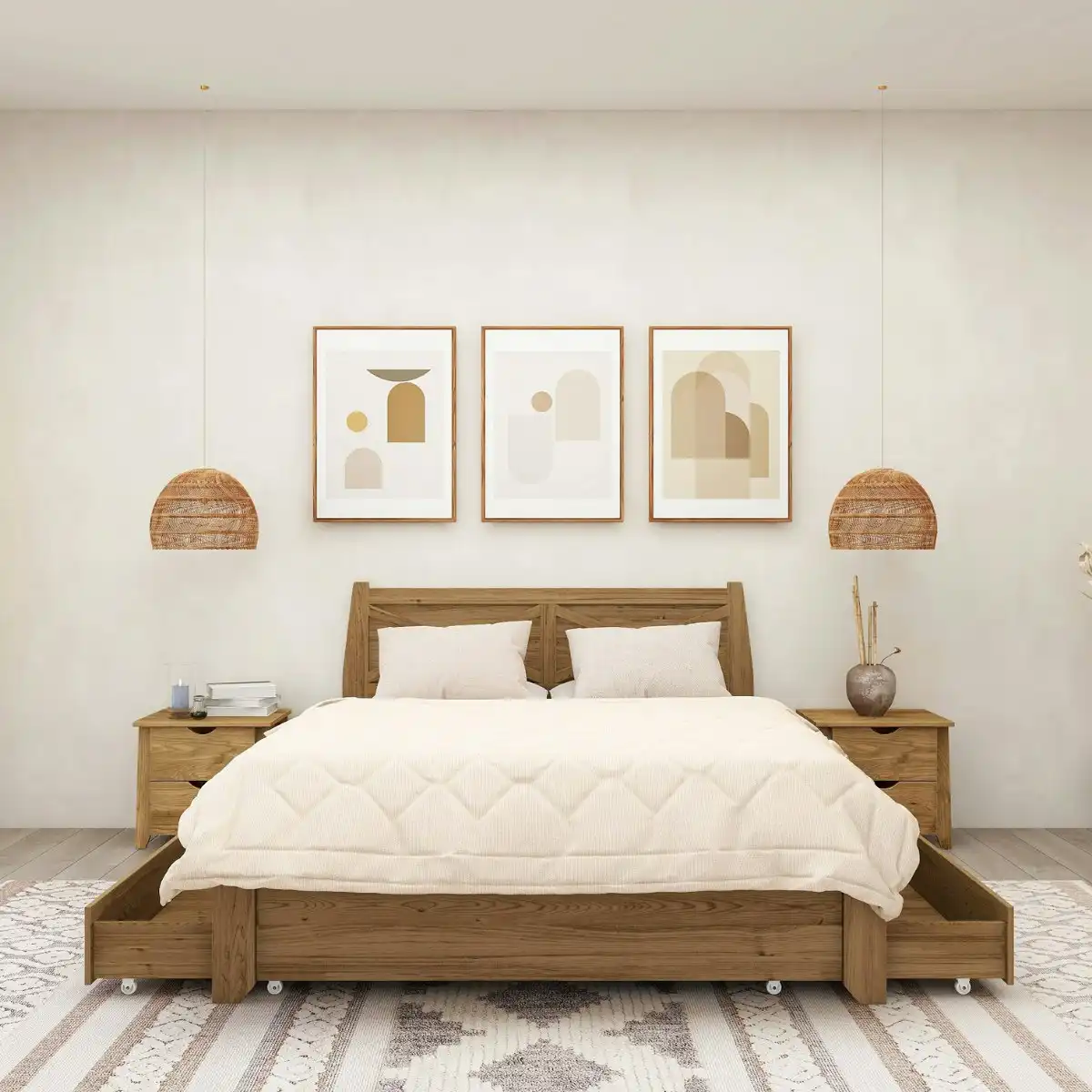 Mica Natural Wooden Bed Frame with Storage Drawers