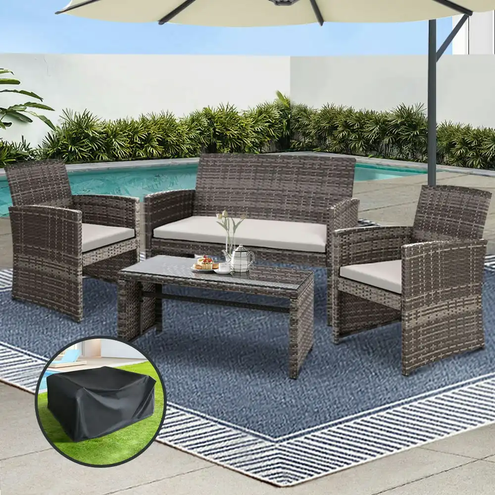 Gardeon Outdoor Furniture Outdoor Lounge Setting Wicker Sofa Set 4PCS w/Cover