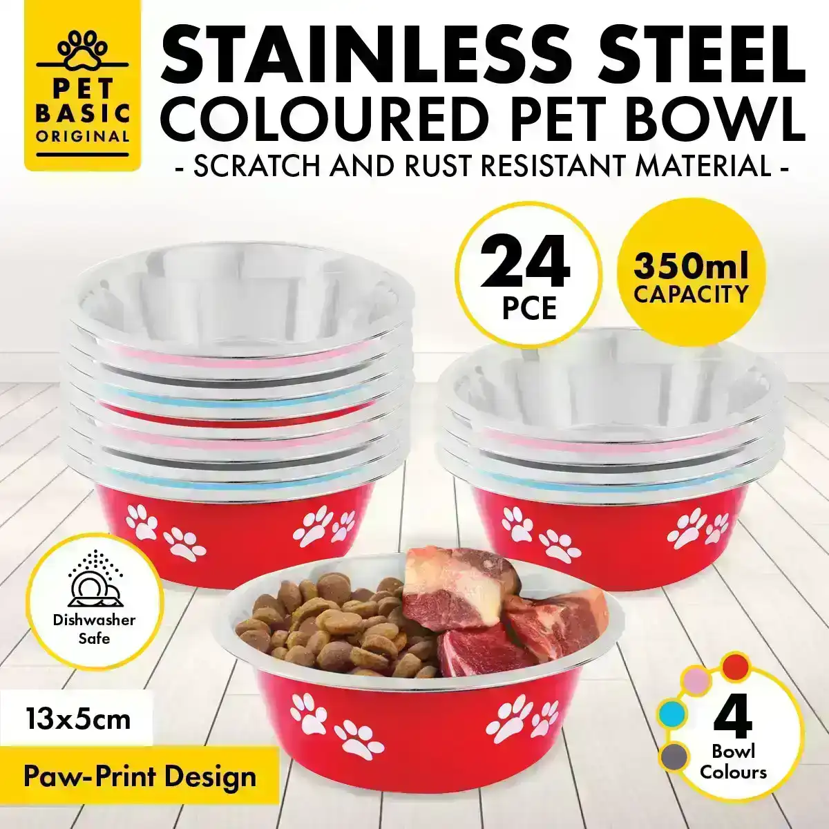 Pet Basic® 24PCE Pet Bowls 13cm Stainless Steel Coloured With Paw Prints 350ml