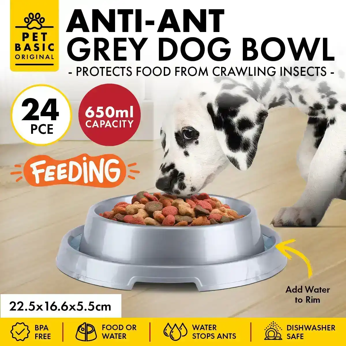 Pet Basic® 24PCE Pet Bowl 650ml Ant Proof Rim Durable Non-Slip Base 22.5cm