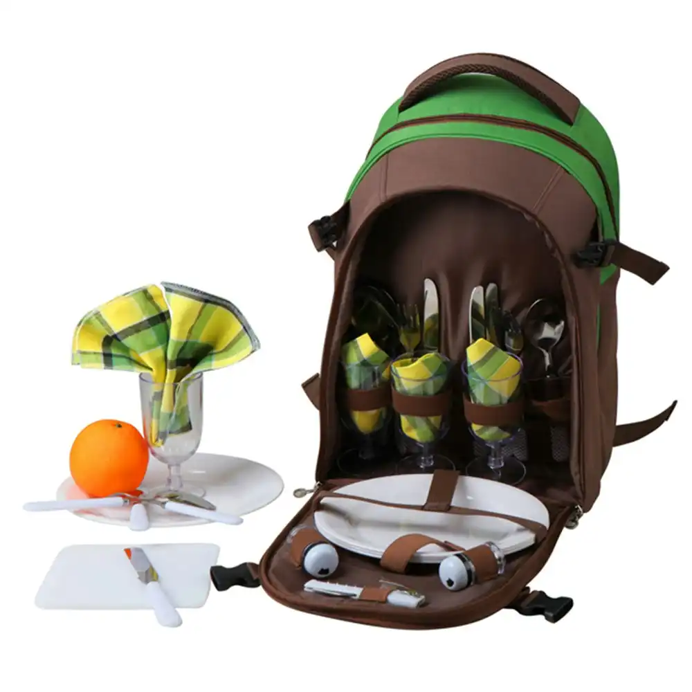 Yonovo 4 Person Insulated Picnic Bag Backpack Wine Glass/Cutlery/Knives Green