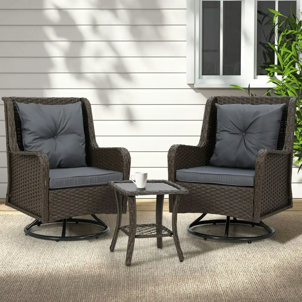 Gardeon Outdoor Chairs Wicker Swivel Bistro Set 3 Pcs