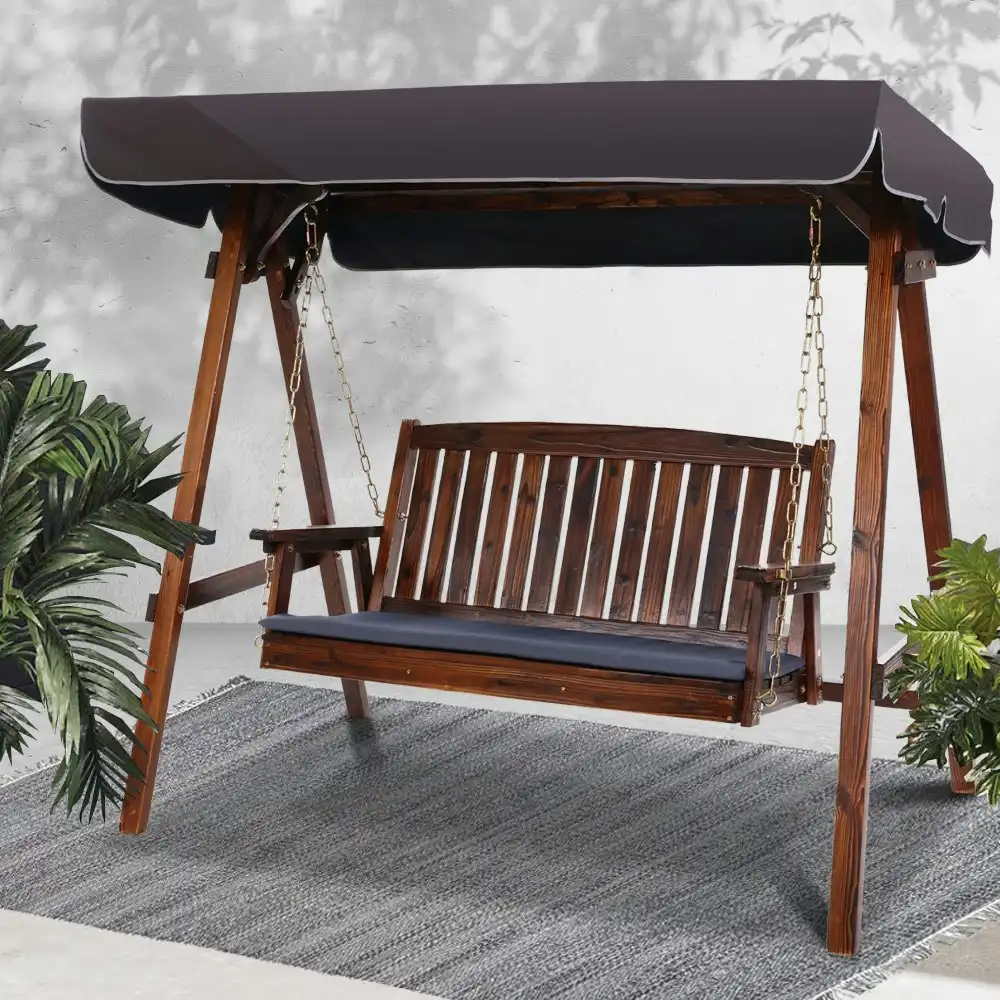 Gardeon Outdoor Wooden Swing Chair Garden Bench Canopy 3 Seater Charcoal